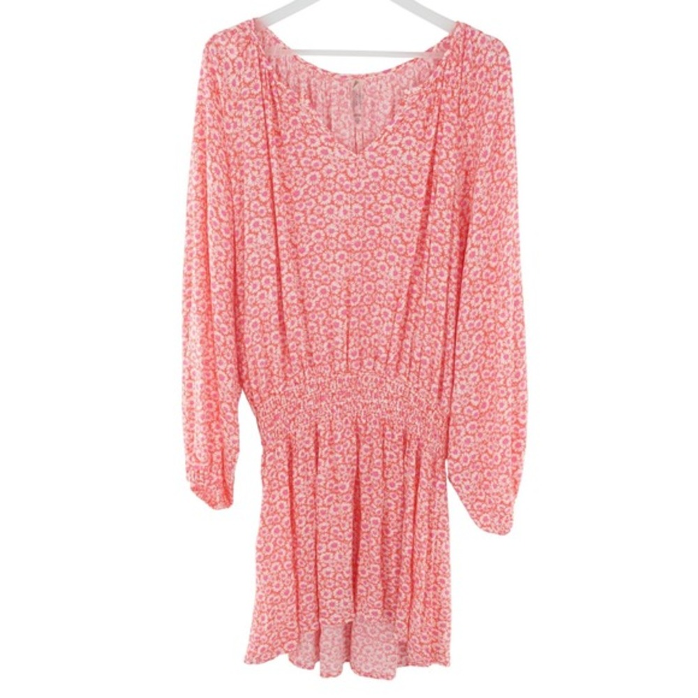 Raisins‎ Mini Dress Swim Cover-Up Smocked Waist Daisy Floral Large Pink Orange